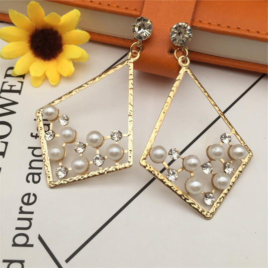 Geometric diamond-studded pearl stud earrings triangular earrings popular earrings stall