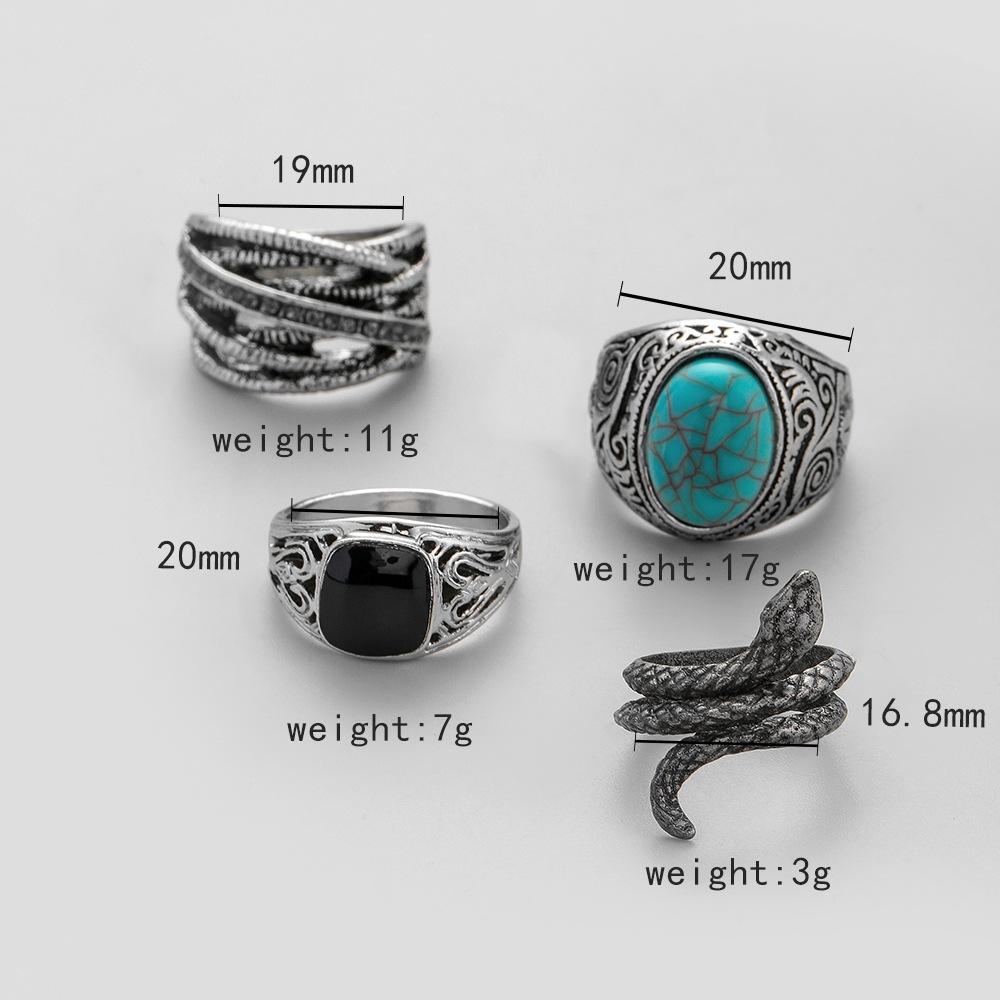 Trendy street photography luxury punk men's alloy creative personality exaggerated turquoise snake ring set