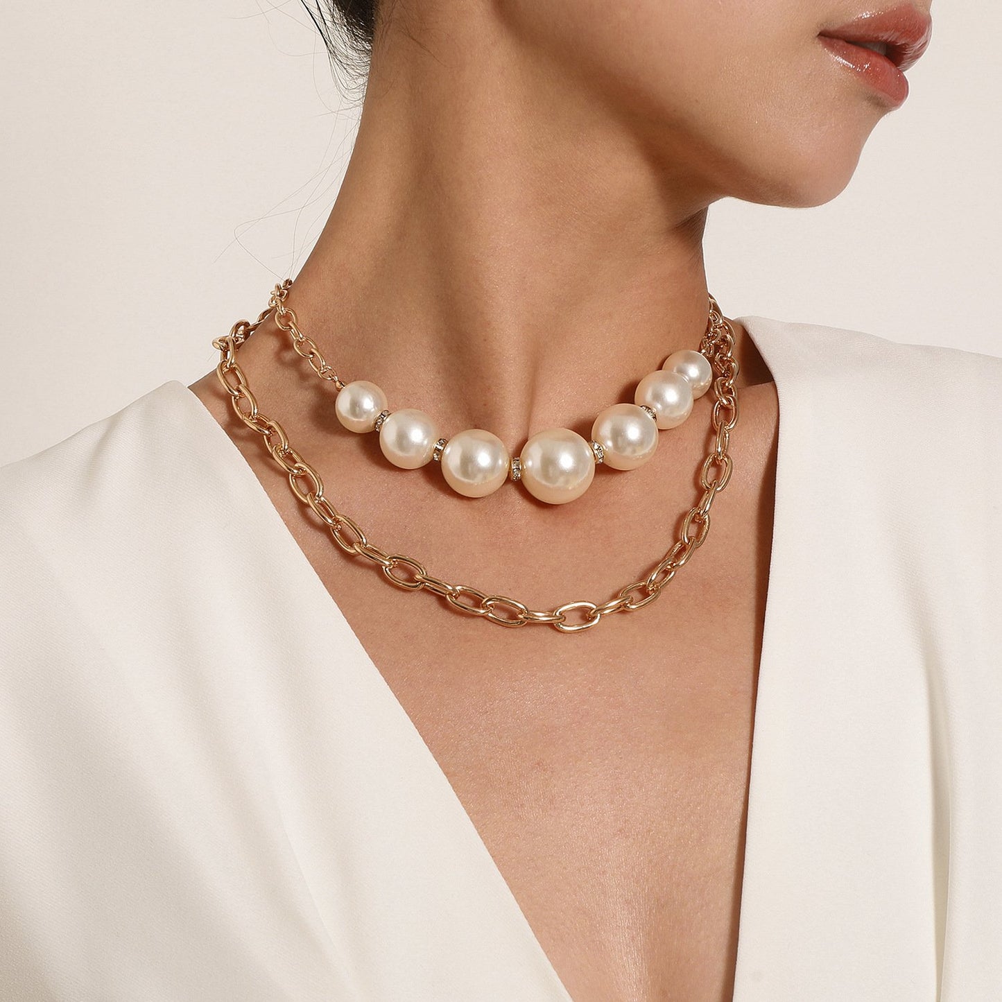 Jewelry diamond-studded large pearl multi-layer necklace female personality retro exaggerated punk chain necklace