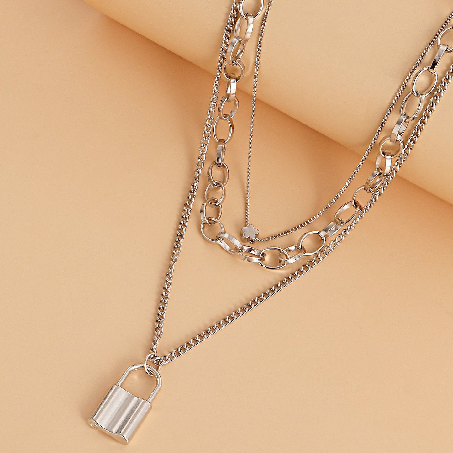 Trend Jewelry Punk Hip Hop Exaggerated Double Clavicle Chain Lock Pendant Necklace Metal Collar