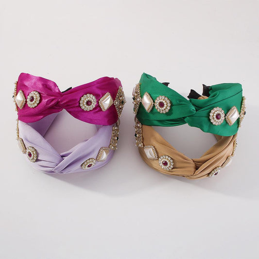 F3779 net red imitation pearl hair hoop pure color square rhinestone head hoop satin cloth temperament wide-brimmed hair accessories