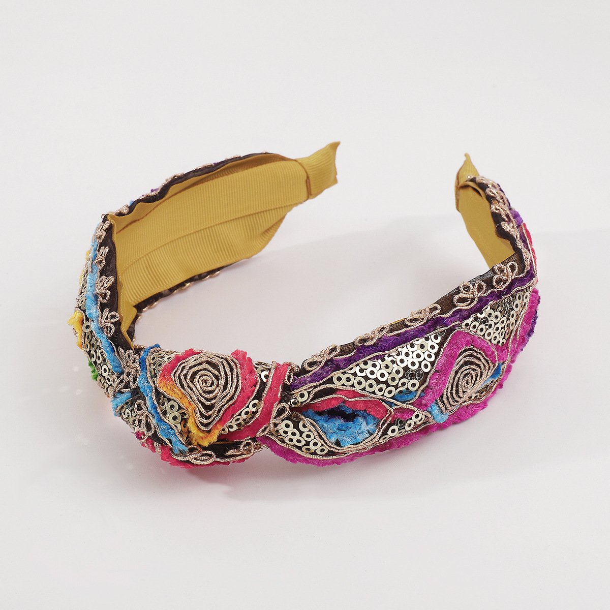 F4453 Bohemian Ethnic Exaggerated Colorful Headband Sequins Embroidered Fabric Knotted Headband Headdress