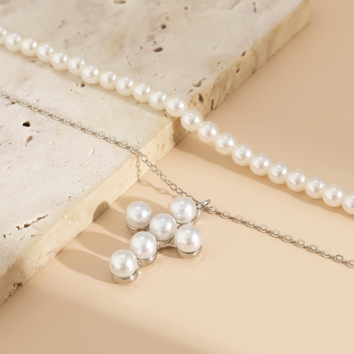 Jewelry Personality Metal Thin Chain Necklace Simple Double Layer Imitation Pearl Cross Necklace Female