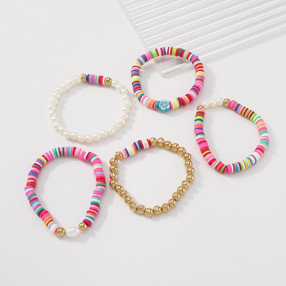 B1398 Bohemia Ethnic Soft Pottery Bracelet Retro Simple Fashion Pearl Jewelry 5-Piece Set for Women