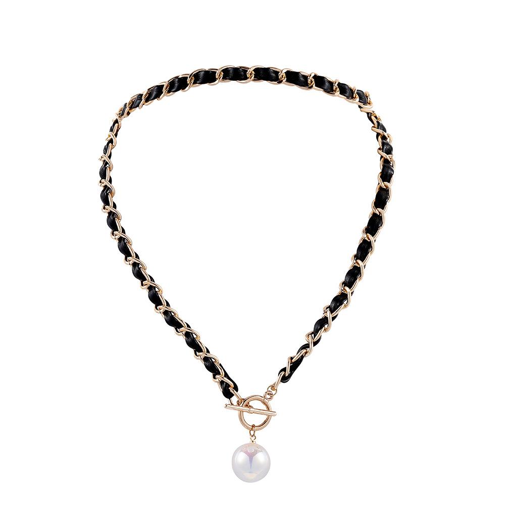 Fashionable Mermaid Bead Braided Leather Rope OT Buckle Short Necklace Niche Design Clavicle Chain Ladies Necklace