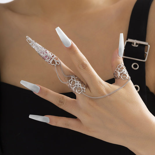 Jewelry gothic hollow tapered nail set with finger ring niche metal tassel ring female