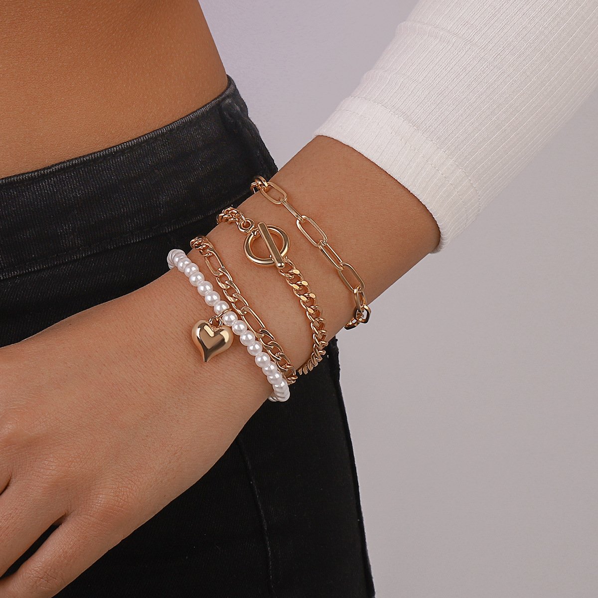 B1759 Fashion Imitation Pearl Simple Bracelet Set Creative OT Buckle Chain Love Beaded Fashion Jewelry