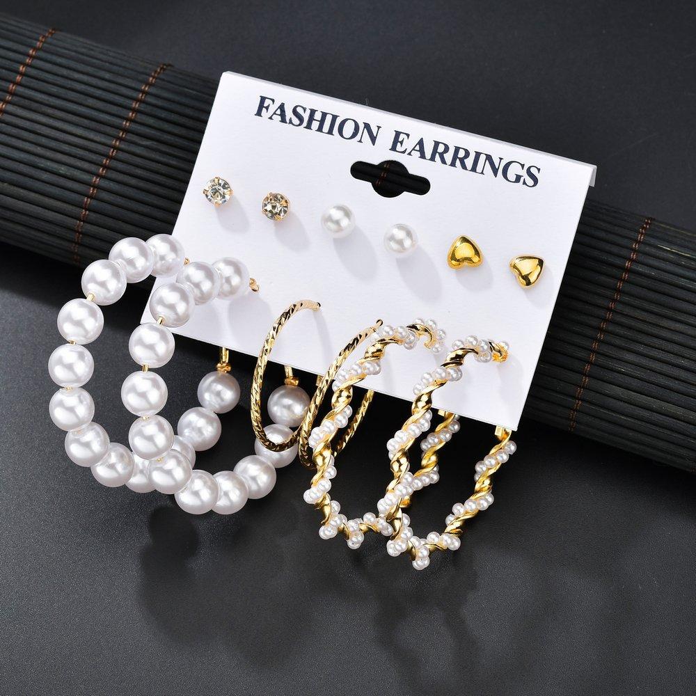 Fashion exaggerated pearl hoop earrings accessories 6 pairs heart diamond stud earrings set