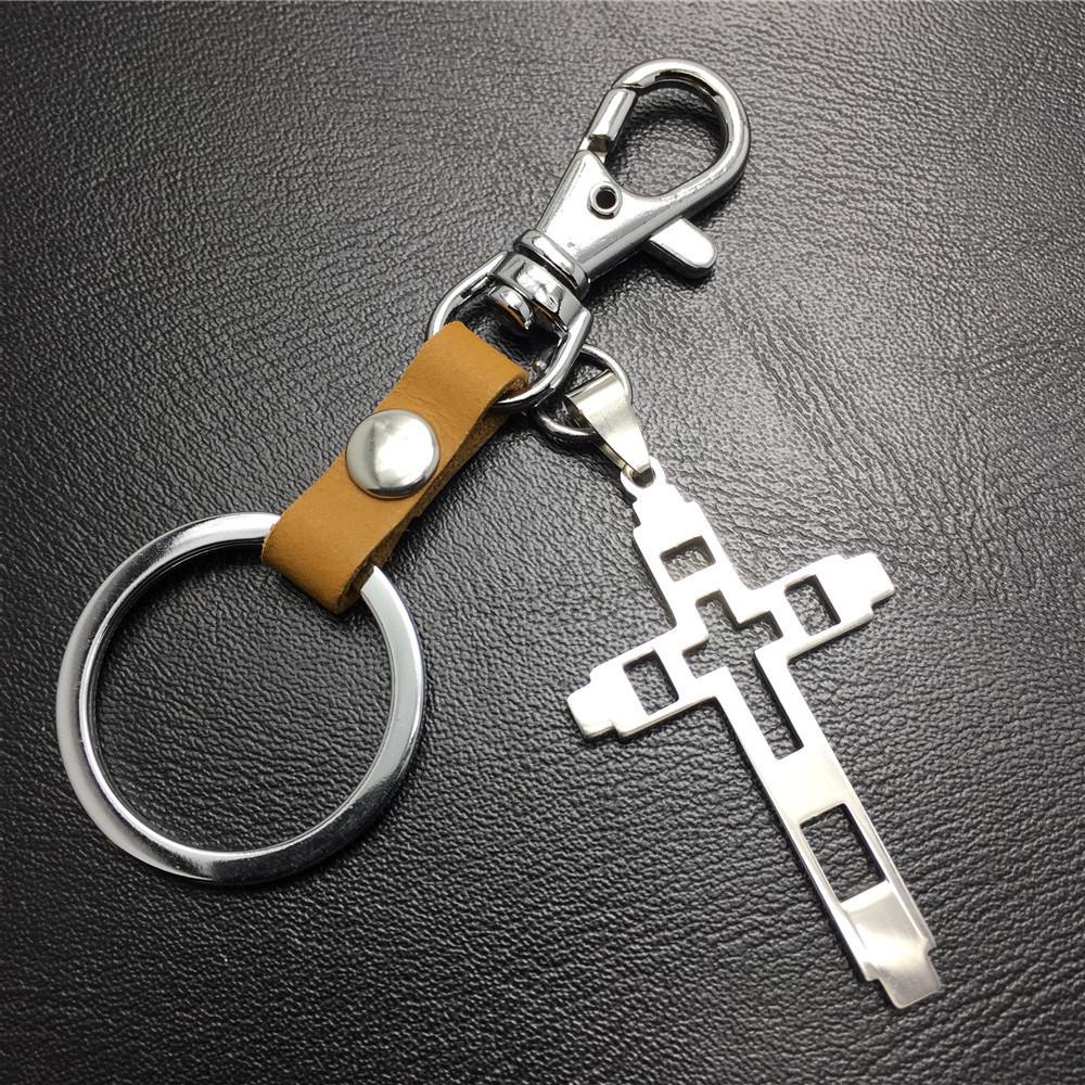 Grid Hollow Cross Stainless Steel Pendant Leather Keychain Couple Gift Small Gift