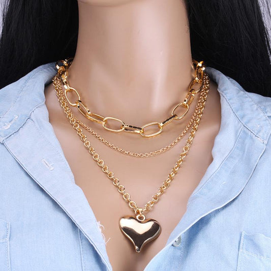 in Peach Heart Necklace Retro Heart Pendant Stacked Design Sense of Clavicle Chain Coat Sweater Chain