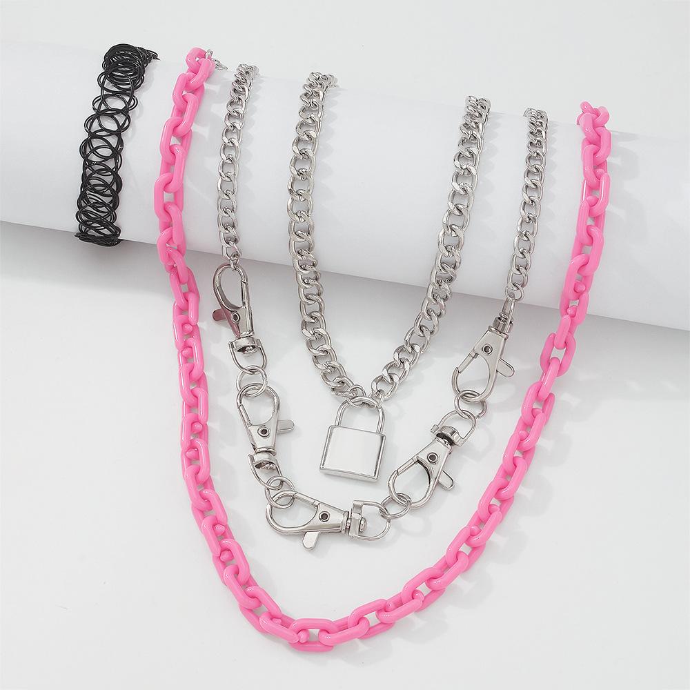 N9677 Trendy Cool Personality Exaggerated Necklace Fashion Lace Lobster Buckle Necklace Resin Geometric Multilayer Necklace