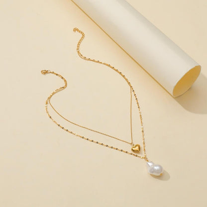 Ins popular baroque special-shaped pearl pendant fashion titanium steel real gold heart necklace double necklace