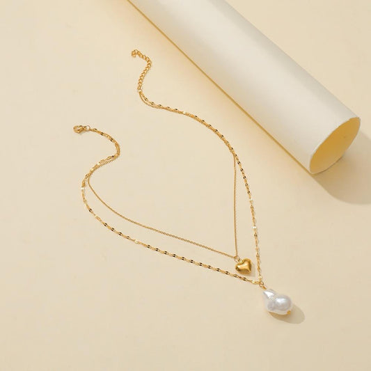Ins popular baroque special-shaped pearl pendant fashion titanium steel real gold heart necklace double necklace