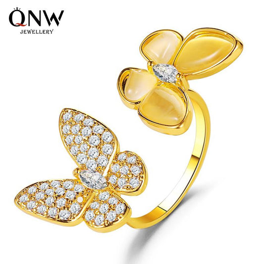 Exaggerated white mother-of-pearl butterfly ring fashion adjustable opening ring temperament opal index finger ring