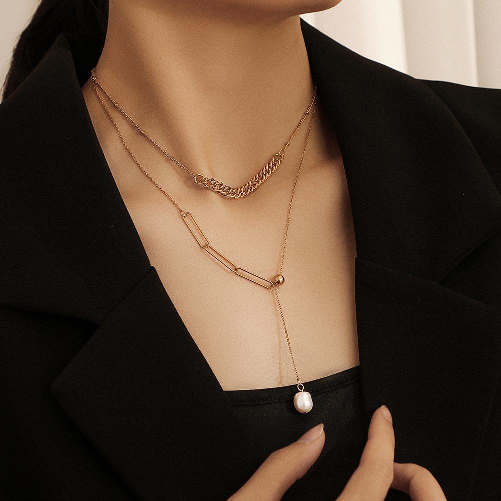 Stainless Steel Light Luxury Irregular Pearl Pendant Adjustable Chain Necklace Titanium Steel Sexy Clavicle Chain Women