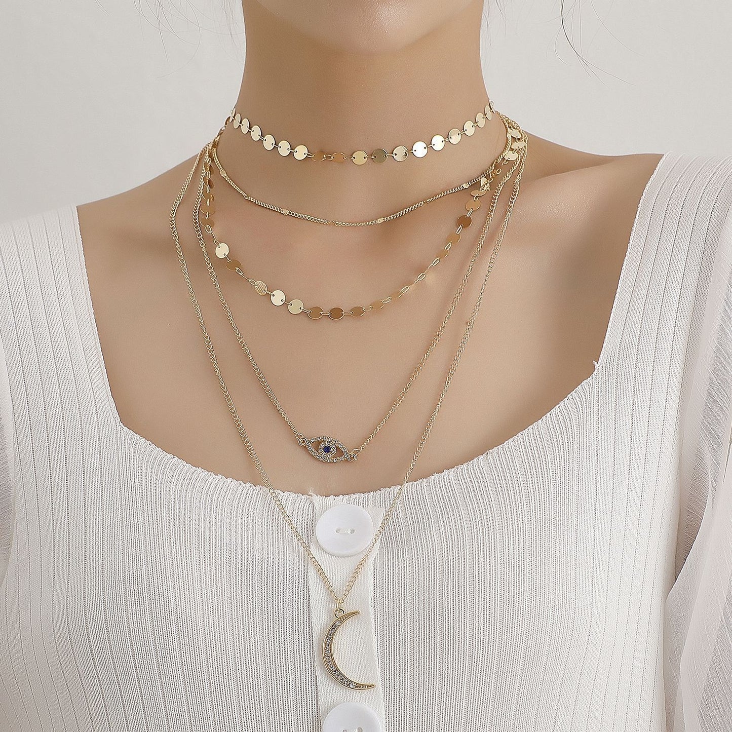 Jewelry Fashion Diamond Crescent Pendant Necklace Female Retro Multi-layer Round Geometric Sequins Necklace