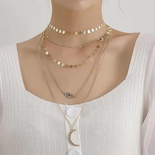 Jewelry Fashion Diamond Crescent Pendant Necklace Female Retro Multi-layer Round Geometric Sequins Necklace