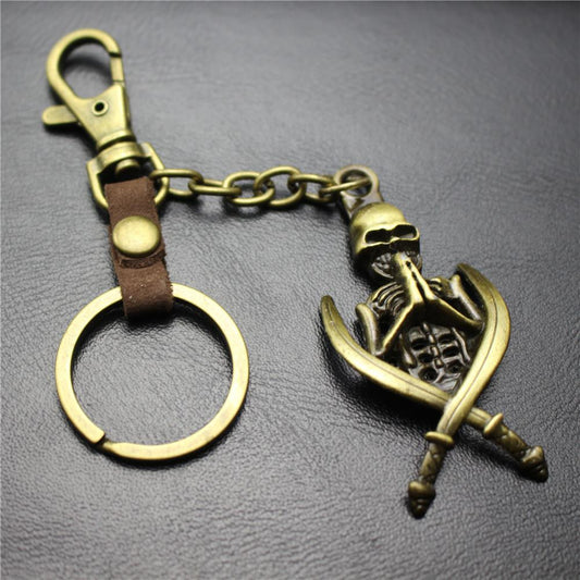 Double Sword Reaper Skull Alloy Pendant Leather Keychain Retro Key Ring Pendant Gift