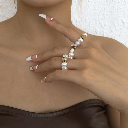 R684 Imitation Pearl Elastic Ring Peach Heart Pentagram Geometric Fashion Ring Simple Small Fresh Jewelry
