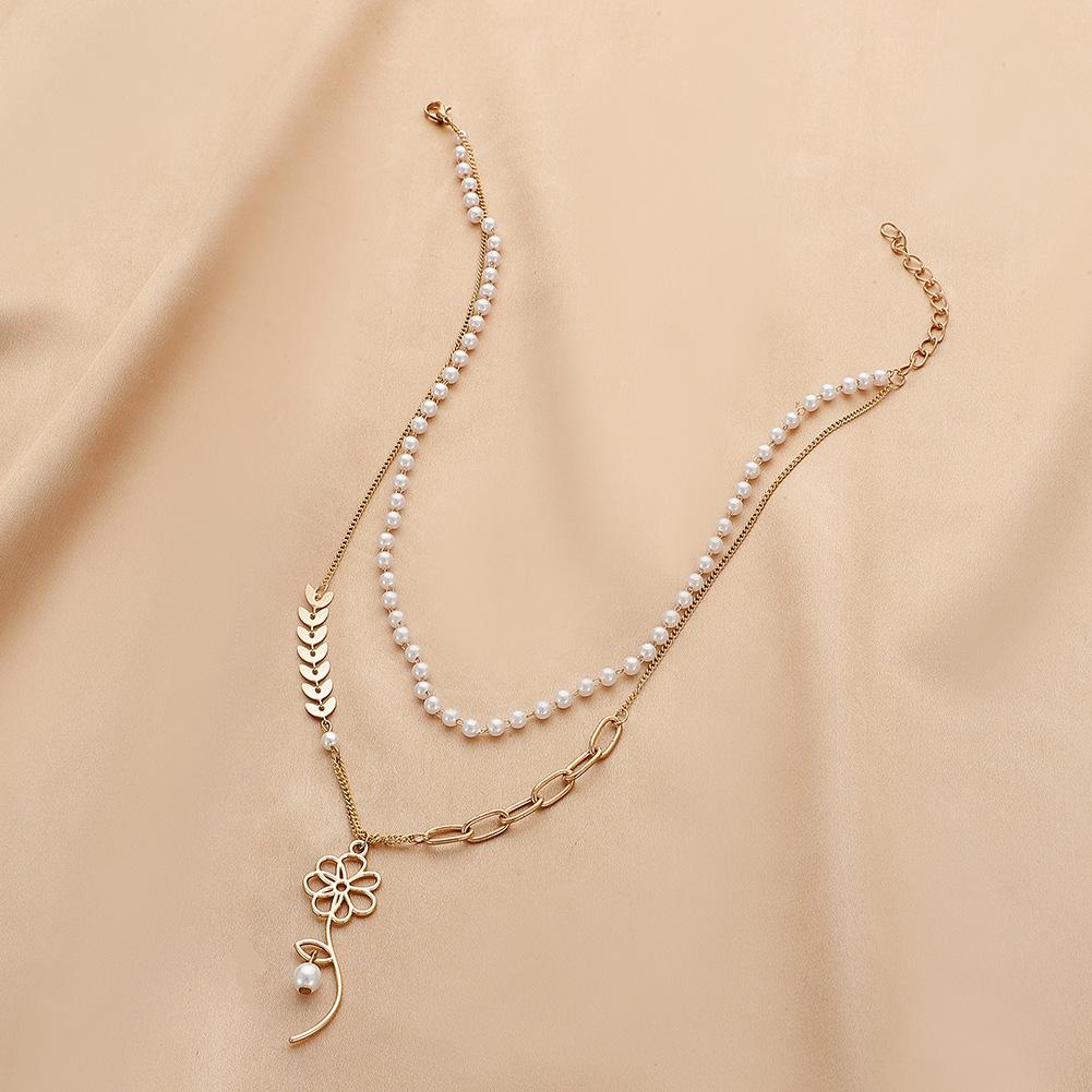 Fashion ins double-layer wheat ear flower pendant personality simple pearl necklace niche design sense female