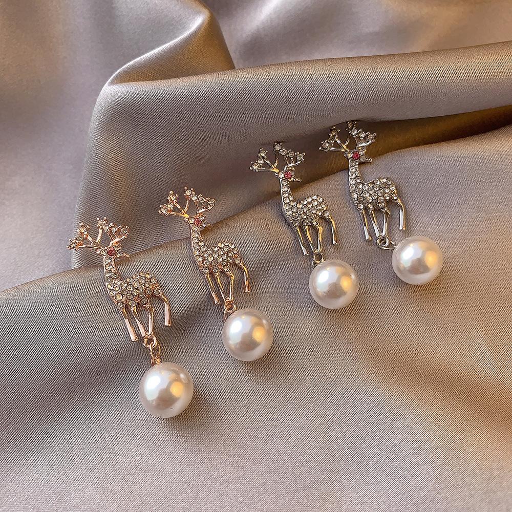 Christmas earrings temperament diamond elk earrings cute small animals pearl deer earrings earrings