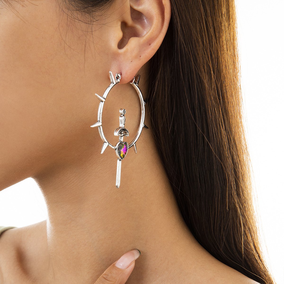 Jewelry Fashion Street Shooting Geometric Circle Rivet Earrings Retro Trend Gem Sword Shape Earrings Female