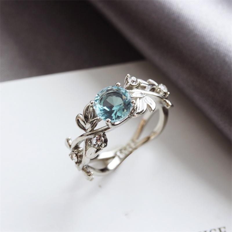 Fashion OL Popular Leaf Leaves Diamond Zircon Ring 925 Silver Sapphire Copper Jewelry