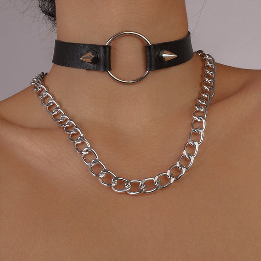 N158 Harajuku Leather Collar Exaggerated Chain Rivet Gothic Choker Vintage Exaggerated Necklace