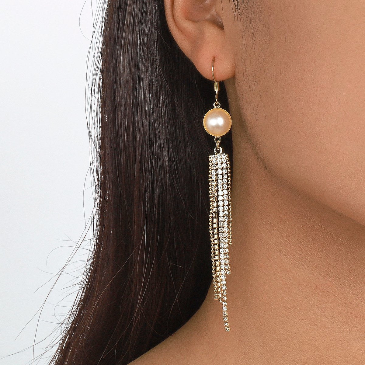 1593 Internet celebrity fashion niche tassel earrings pearl rhinestones sweet cool fairy air long design sense earrings