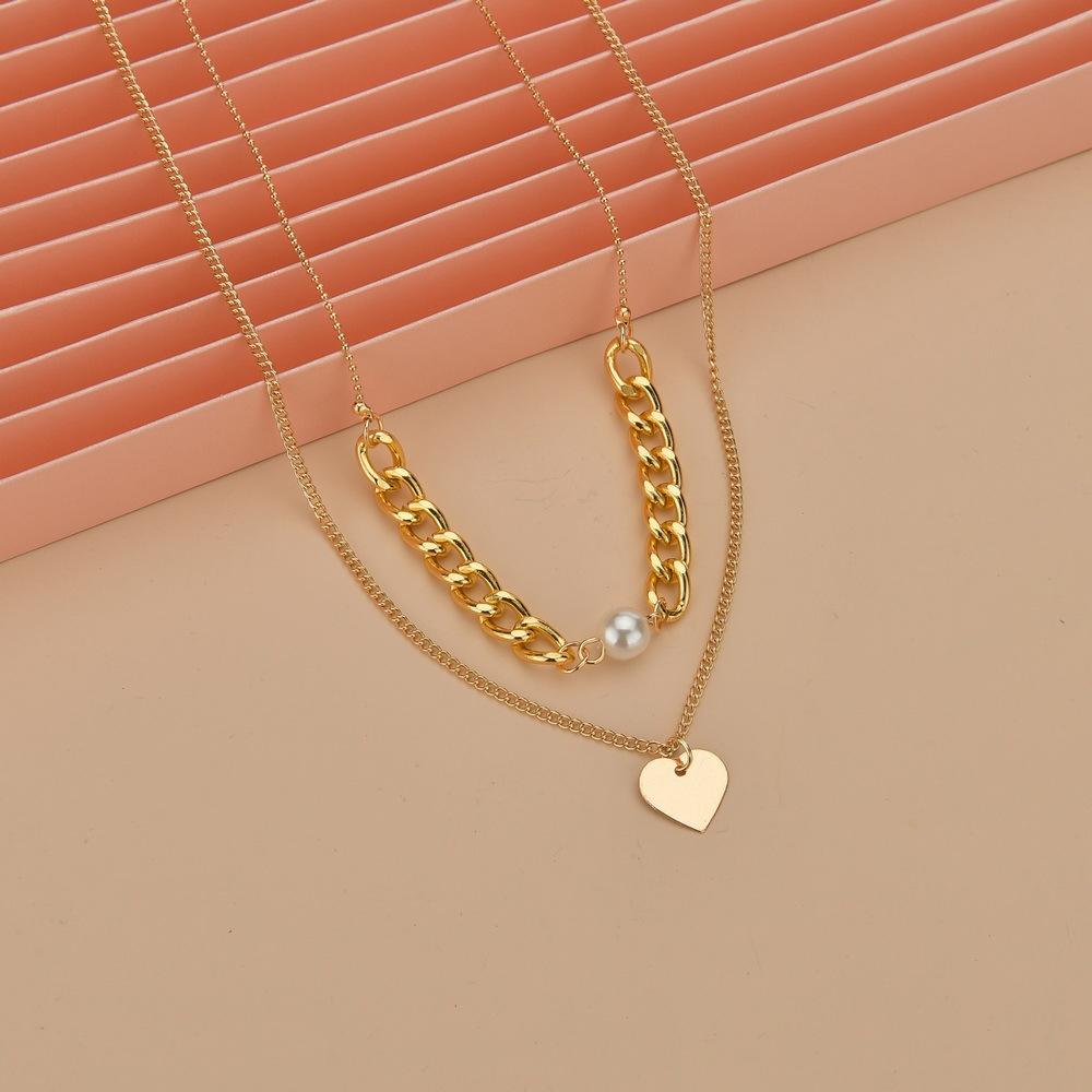 Jewelry Gold Chain Pearl Iron Piece Heart Pendant Double Layer Necklace