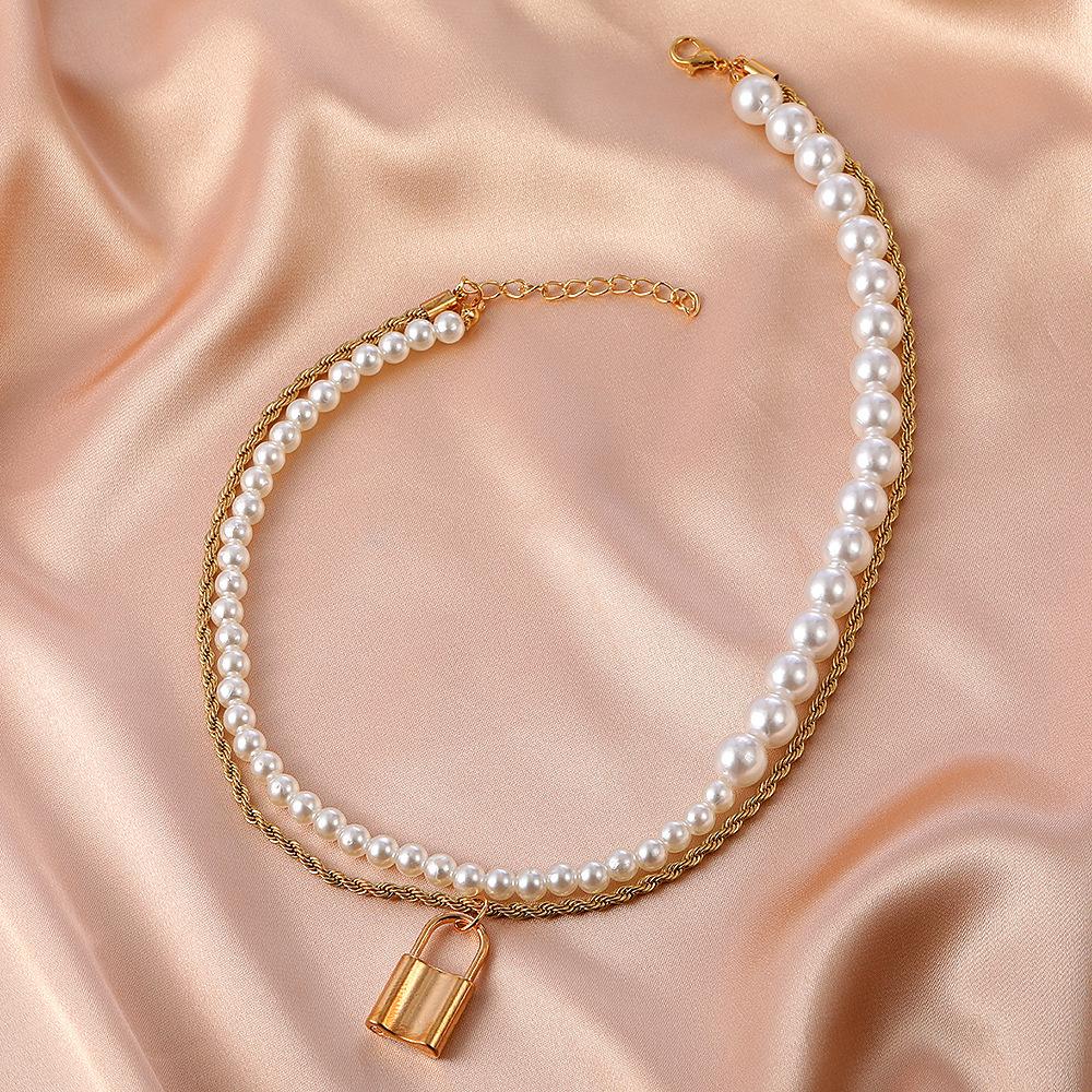 Retro multi-layer baroque pearl necklace female fashion temperament lock head stacked sweater chain personality collarbone chain