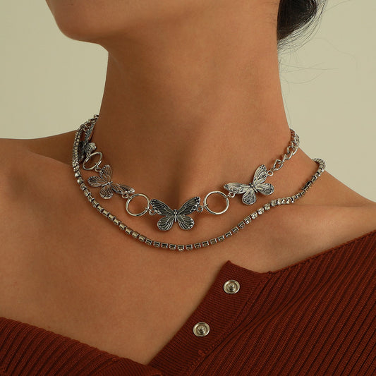 Jewelry Fashion Geometric Double Rhinestone Claw Chain Necklace Female Retro Trend Three-dimensional Butterfly Necklace