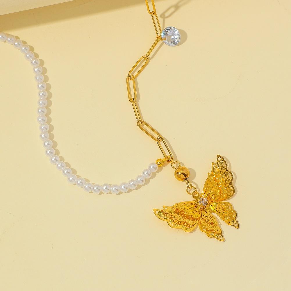 Asymmetric Personality Short Stitching Pearl Necklace Light Luxury Temperament Clavicle Chain Hollow Butterfly Pendant Jewelry