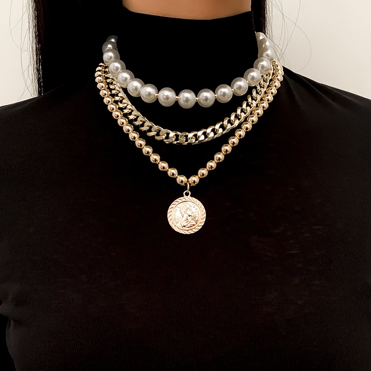 Jewelry Temperament Simple Imitation Pearl Set Necklace Personality Hip Hop Bead Chain Portrait Necklace