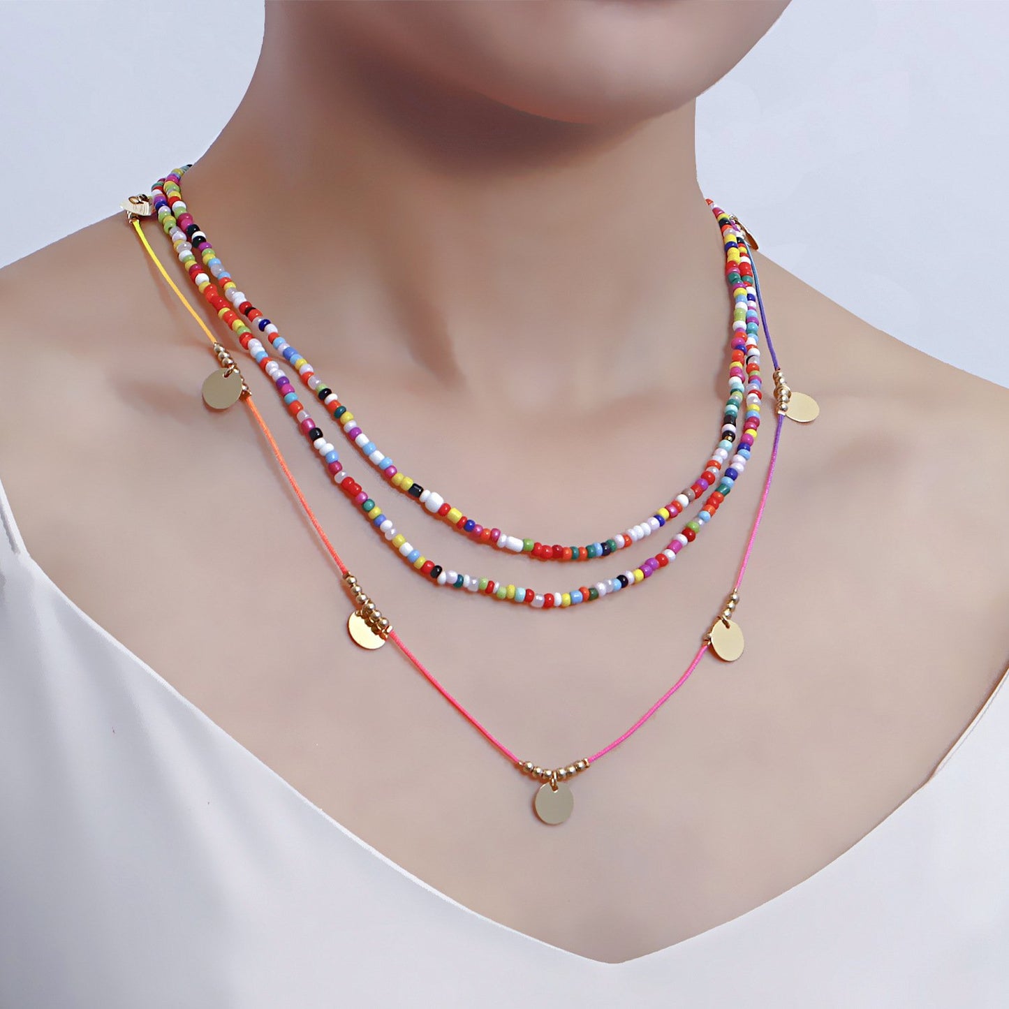 Jewelry bohemian color rice bead disc necklace female niche design ins beaded necklace