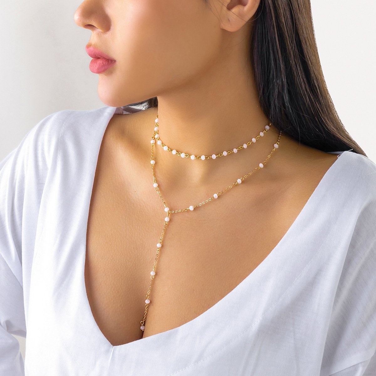 Jewelry simple imitation crystal handmade chain tassel necklace feminine all-match double layer necklace