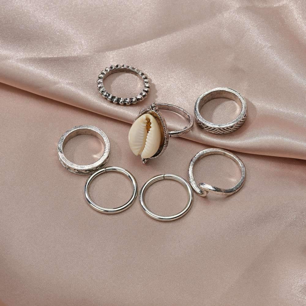 Retro Geometric Alloy Pattern Natural Shell Joint Ring Set 7 Pieces Combination Rings