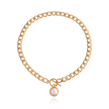 Jewelry simple Cuban thick chain OT buckle pearl pendant necklace female punk ins trend necklace
