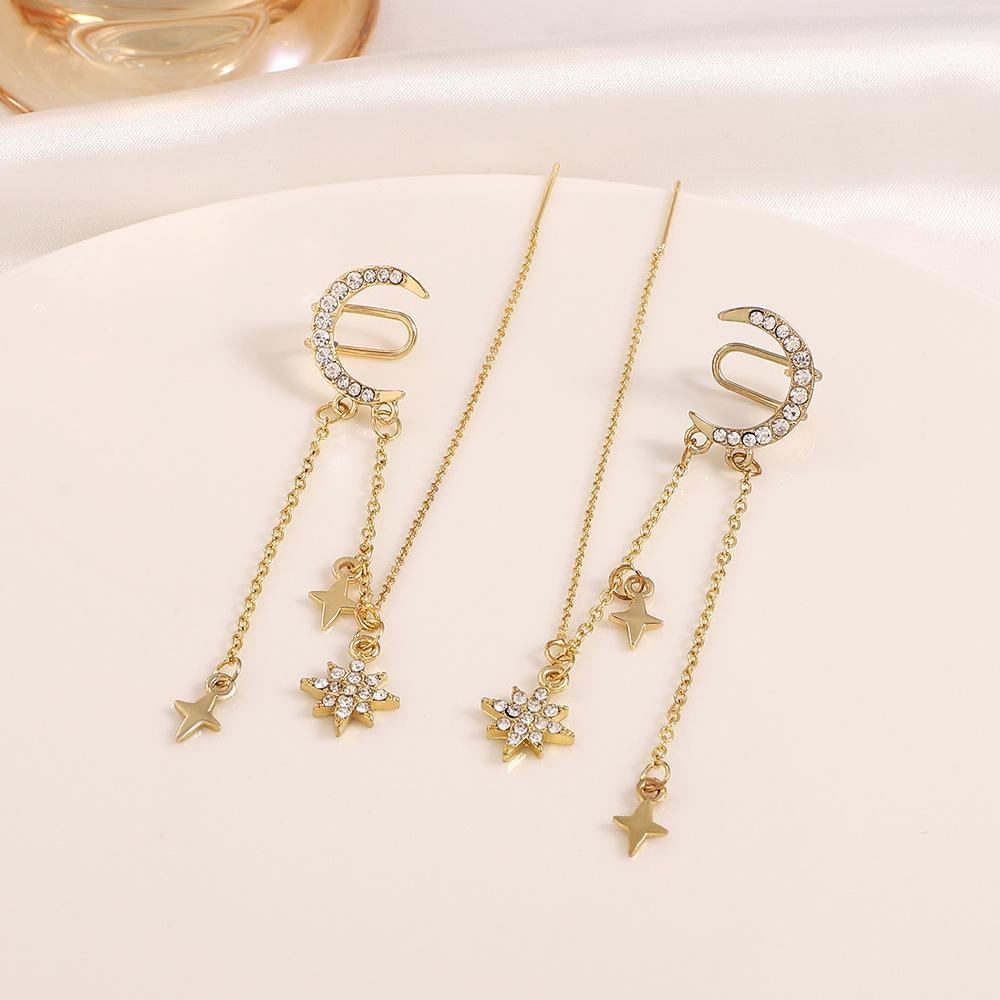 Moon Splashing Star River Long Tassel Earline Earbone Clip Women's Fashion Light Luxury Micro-inlaid Zircon Moon Ear Clip Without Pierced Ears