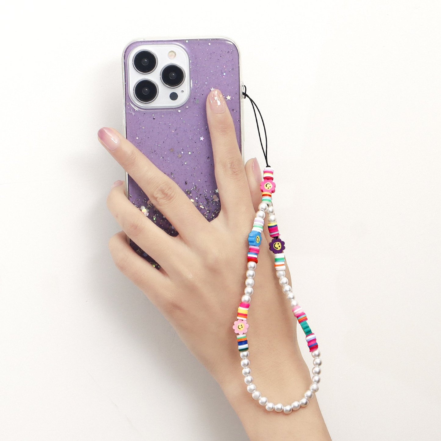 Jewelry ins imitation pearl color soft pottery mobile phone chain beaded pendant anti-lost lanyard accessories