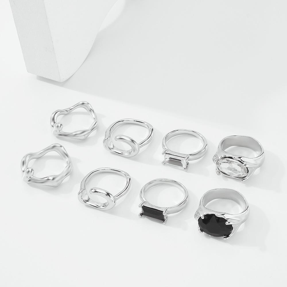 R648 Irregular Geometric Ring Set Simple Alloy Glass Diamond Temperament Minority Personality Ring Female