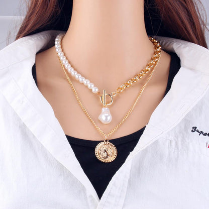 Jewelry special-shaped pearl Baroque pearl retro female image multi-layer OT buckle two-piece necklace