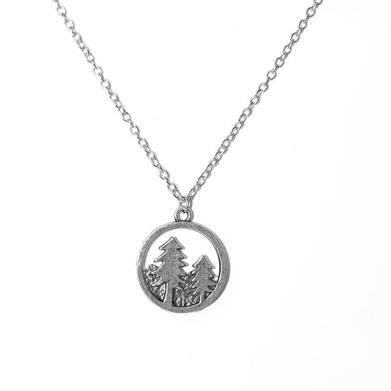 Popular Jewelry Retro Round Round Cake Hollow Two Trees Fortune Tree Necklace Female Retro Silver Necklace