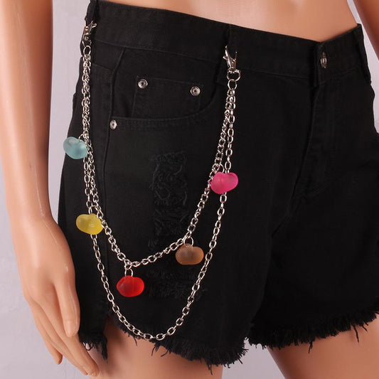 Jewelry bungee disco cool girl trend fashion transparent jelly color peach heart double waist chain pants chain