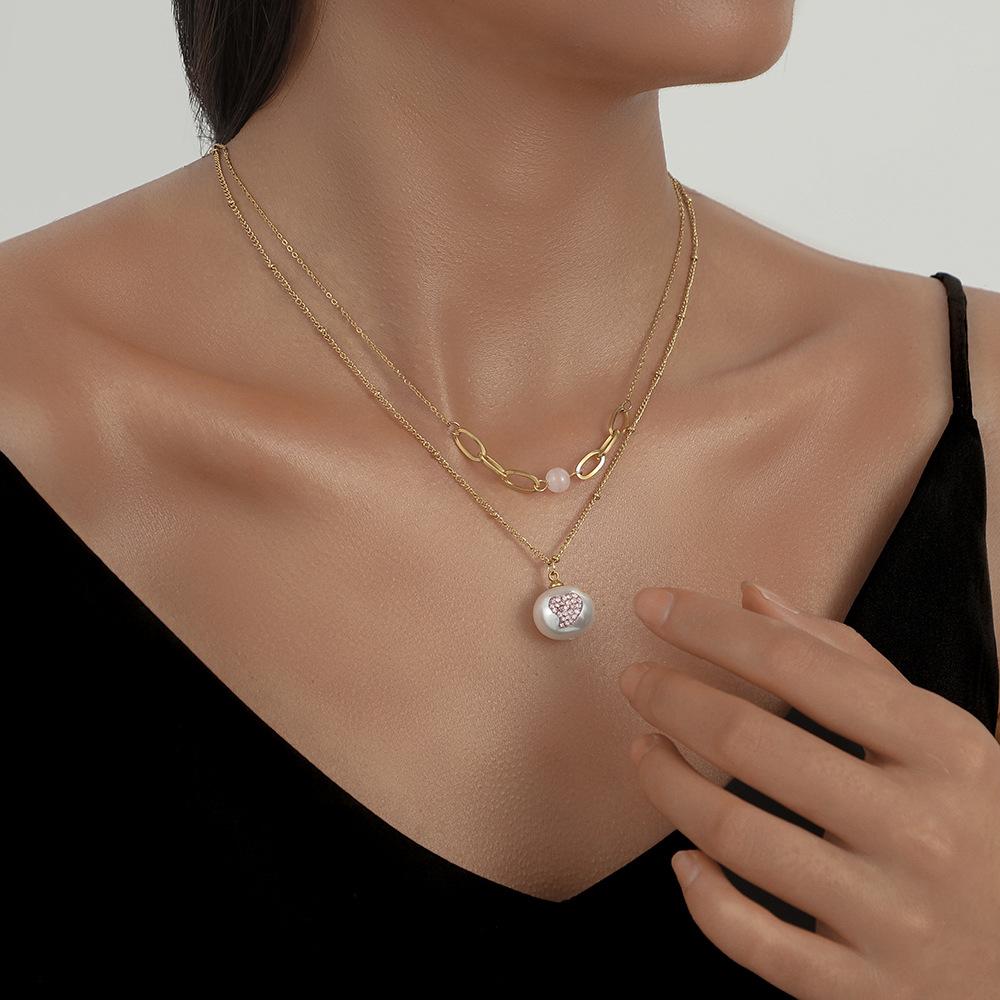 Simple stainless steel pink love double-layer pendant trendy heart-shaped pendant titanium steel pearl collarbone necklace for women