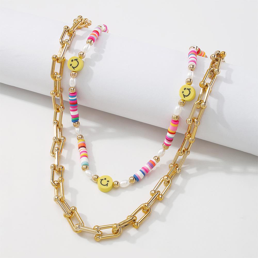 N9664 Geometric Color Necklace Women's U-shaped Chain Smiley Soft Pottery Necklace Creative Temperament Hollow Necklace