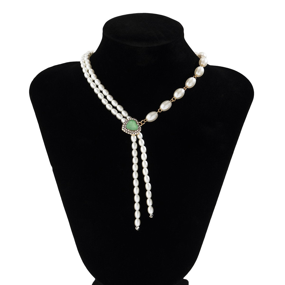 Jewelry temperament retro asymmetric imitation pearl tassel necklace female simple heart-shaped micro-inlaid necklace