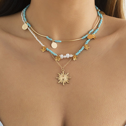 Retro Ethnic Sunflower Pendant Clavicle Necklace Niche Hip Hop Imitation Pearl Beads Sequins Necklace