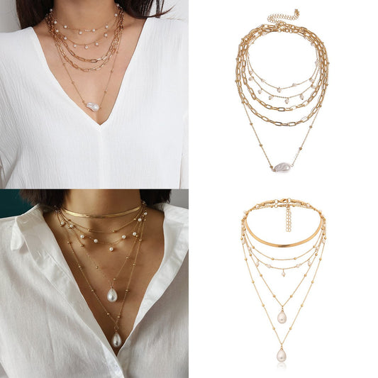Ornaments simple special-shaped imitation pearl chain necklace temperament round bead tassel multi-layer geometric necklace