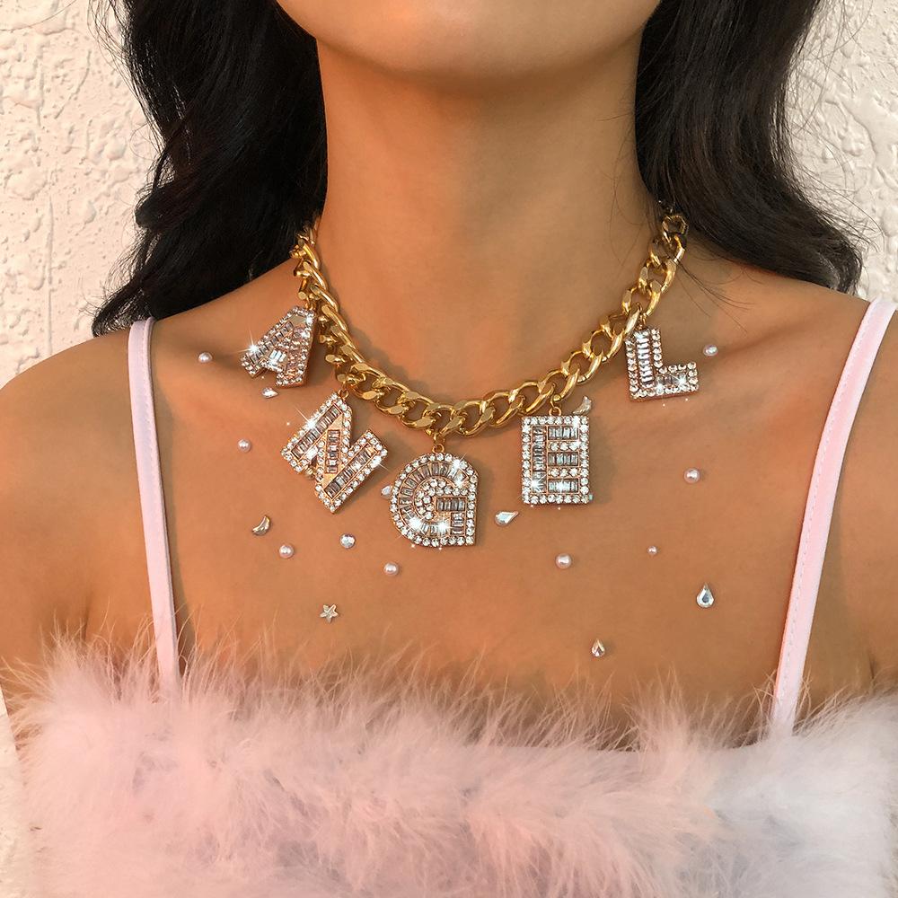 N9475 Geometric Exaggerated Necklace Net Red Punk Hip Hop Alphabet Necklace Full Diamond Light Luxury Chain Necklace